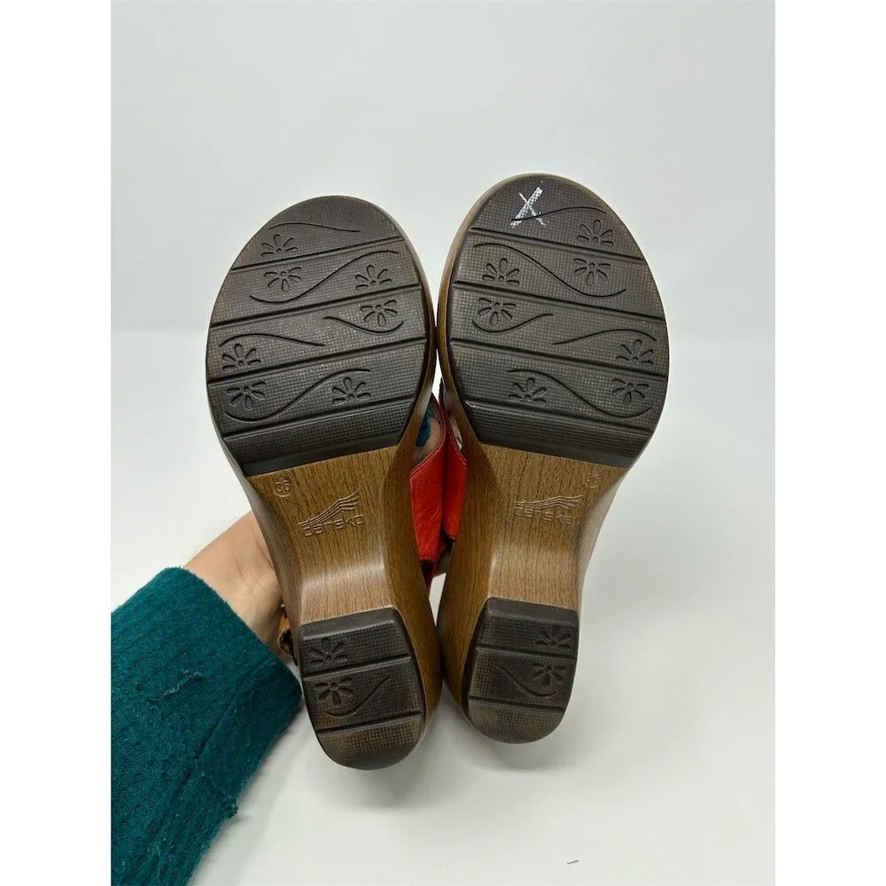 Dansko Two Tone Red Coral & Brown Slingback Wedge Sandals Crisscross Straps 36